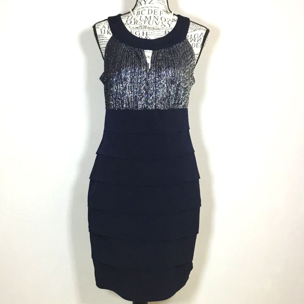 NWOT navy blue metallic silver gold tone knee length dress occasion wedding 8P